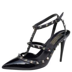 Pre Owned Valentino Black Patent And Leather Rockstud Sandals Size 39