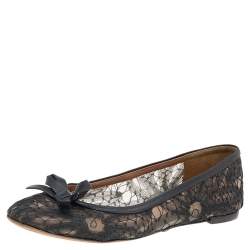 Pre Owned Valentino Black Lace Bow Detail Ballet Flats Size 37