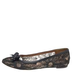 Pre Owned Valentino Black Lace Bow Detail Ballet Flats Size 37