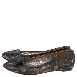 Pre Owned Valentino Black Lace Bow Detail Ballet Flats Size 37