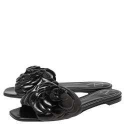 Valentino Garavani Black Leather Atelier 03 Rose Edition Slides Sandals Size 35.5