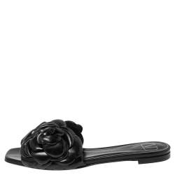 Valentino Garavani Black Leather Atelier 03 Rose Edition Slides Sandals Size 35.5