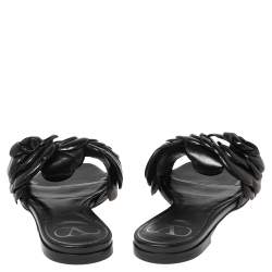 Valentino Garavani Black Leather Atelier 03 Rose Edition Slides Sandals Size 35.5
