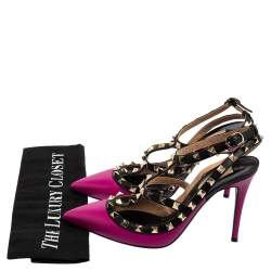 Pre Owned Valentino Black/Pink Leather Rockstud Pointed-Toe Sandals Size 38.5