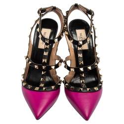Pre Owned Valentino Black/Pink Leather Rockstud Pointed-Toe Sandals Size 38.5