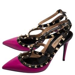 Pre Owned Valentino Black/Pink Leather Rockstud Pointed-Toe Sandals Size 38.5