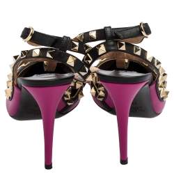 Pre Owned Valentino Black/Pink Leather Rockstud Pointed-Toe Sandals Size 38.5