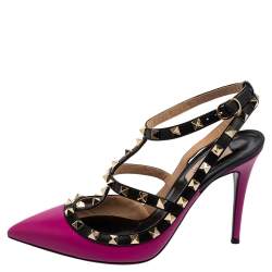 Pre Owned Valentino Black/Pink Leather Rockstud Pointed-Toe Sandals Size 38.5