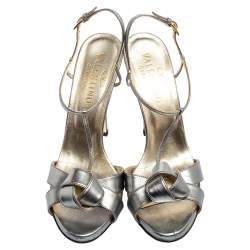 Pre Owned Valentino Metallic Grey Leather Knotted T-Strap Sandals Size 39.5