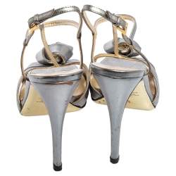 Pre Owned Valentino Metallic Grey Leather Knotted T-Strap Sandals Size 39.5