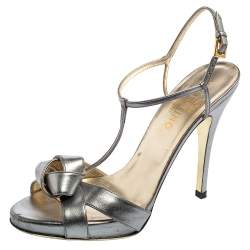 Pre Owned Valentino Metallic Grey Leather Knotted T-Strap Sandals Size 39.5