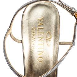 Pre Owned Valentino Metallic Grey Leather Knotted T-Strap Sandals Size 39.5