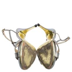 Pre Owned Valentino Metallic Grey Leather Knotted T-Strap Sandals Size 39.5