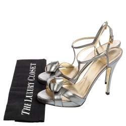 Pre Owned Valentino Metallic Grey Leather Knotted T-Strap Sandals Size 39.5