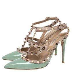 Pre Owned   Valentino Beige/Green Patent And Leather Rockstud Pointed Toe Ankle Strap Sandals Size 37