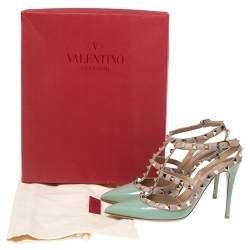 Pre Owned   Valentino Beige/Green Patent And Leather Rockstud Pointed Toe Ankle Strap Sandals Size 37