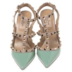 Pre Owned   Valentino Beige/Green Patent And Leather Rockstud Pointed Toe Ankle Strap Sandals Size 37
