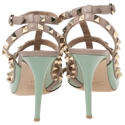 Pre Owned   Valentino Beige/Green Patent And Leather Rockstud Pointed Toe Ankle Strap Sandals Size 37