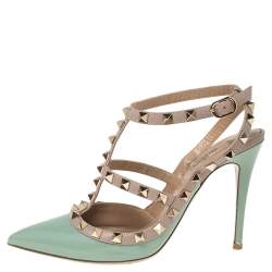 Pre Owned   Valentino Beige/Green Patent And Leather Rockstud Pointed Toe Ankle Strap Sandals Size 37