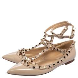 Pre Owned Valentino Beige Patent And Leather Rockstud Caged Ballet Flats Size 37.5