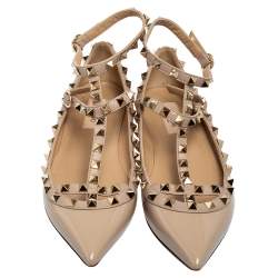 Pre Owned Valentino Beige Patent And Leather Rockstud Caged Ballet Flats Size 37.5