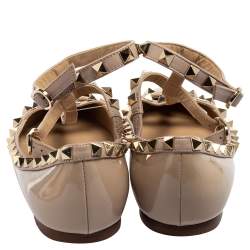 Pre Owned Valentino Beige Patent And Leather Rockstud Caged Ballet Flats Size 37.5
