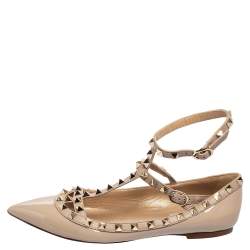 Pre Owned Valentino Beige Patent And Leather Rockstud Caged Ballet Flats Size 37.5