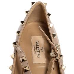 Pre Owned Valentino Beige Patent And Leather Rockstud Caged Ballet Flats Size 37.5