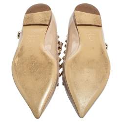 Pre Owned Valentino Beige Patent And Leather Rockstud Caged Ballet Flats Size 37.5