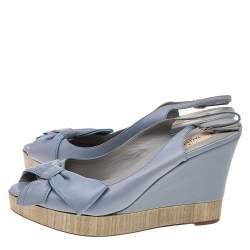 Pre Owned Valentino Blue Leather Bow Detail Slingback Platform Wedge Sandals Size 39