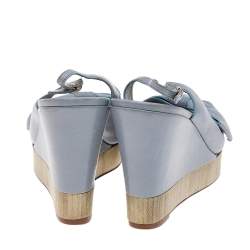 Pre Owned Valentino Blue Leather Bow Detail Slingback Platform Wedge Sandals Size 39