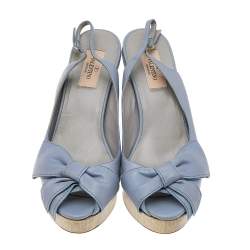 Pre Owned Valentino Blue Leather Bow Detail Slingback Platform Wedge Sandals Size 39
