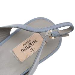 Pre Owned Valentino Blue Leather Bow Detail Slingback Platform Wedge Sandals Size 39