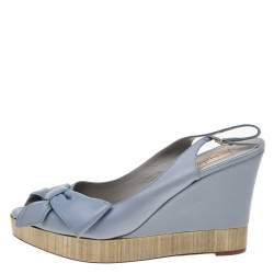 Pre Owned Valentino Blue Leather Bow Detail Slingback Platform Wedge Sandals Size 39