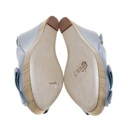 Pre Owned Valentino Blue Leather Bow Detail Slingback Platform Wedge Sandals Size 39