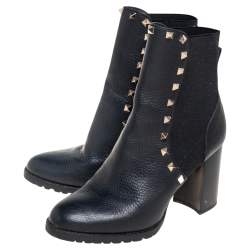 Pre Owned Valentino Black Leather Rockstud Block Heel Ankle Boots Size 37.5