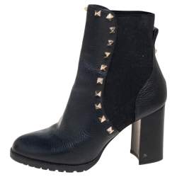 Pre Owned Valentino Black Leather Rockstud Block Heel Ankle Boots Size 37.5
