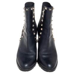 Pre Owned Valentino Black Leather Rockstud Block Heel Ankle Boots Size 37.5