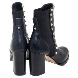 Pre Owned Valentino Black Leather Rockstud Block Heel Ankle Boots Size 37.5