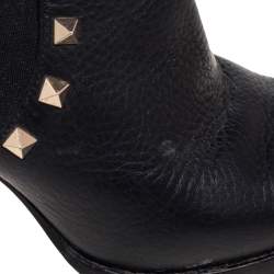 Pre Owned Valentino Black Leather Rockstud Block Heel Ankle Boots Size 37.5