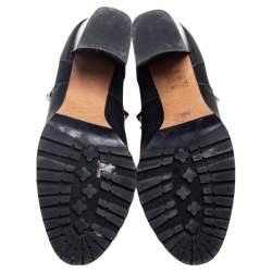 Pre Owned Valentino Black Leather Rockstud Block Heel Ankle Boots Size 37.5