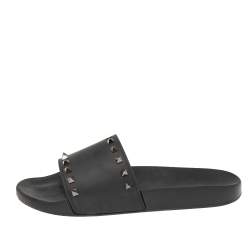 Pre Owned Valentino Black Rubber Rockstud Flat Slides Size 43 