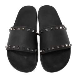 Pre Owned Valentino Black Rubber Rockstud Flat Slides Size 43 