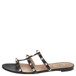 مملوكة مسبقًا حذاء فلات سلايد فالنتينو جلد أسود مرصع روكستد مقاس  39.5