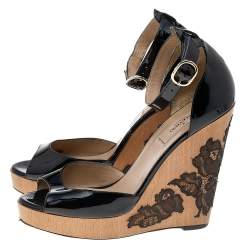 Pre Owned Valentino Black Patent Leather Ankle Strap Wedge Sandals Size 38