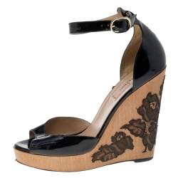 Pre Owned Valentino Black Patent Leather Ankle Strap Wedge Sandals Size 38