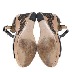 Pre Owned Valentino Black Patent Leather Ankle Strap Wedge Sandals Size 38