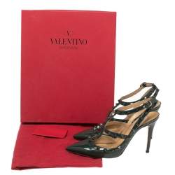 Pre Owned Valentino Dark Green Patent Leather Rockstud Ankle-Strap Pumps Size 37.5
