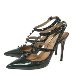 Pre Owned Valentino Dark Green Patent Leather Rockstud Ankle-Strap Pumps Size 37.5