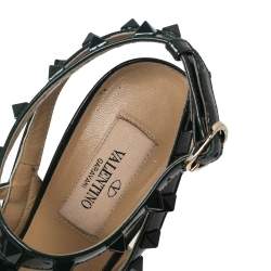 Pre Owned Valentino Dark Green Patent Leather Rockstud Ankle-Strap Pumps Size 37.5